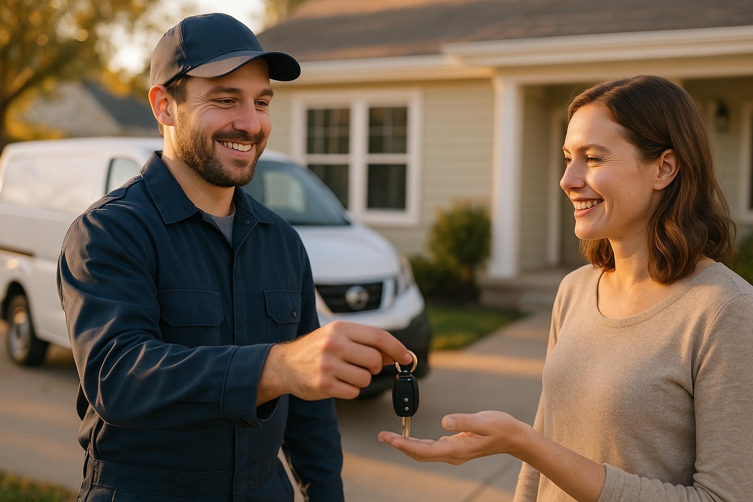 Mechanic returning keys to a happy customer